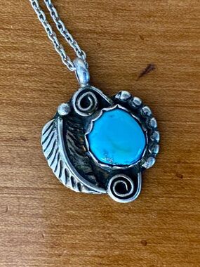 Vintage Native American Sterling Silver Turquoise Pendant with 18” Chain